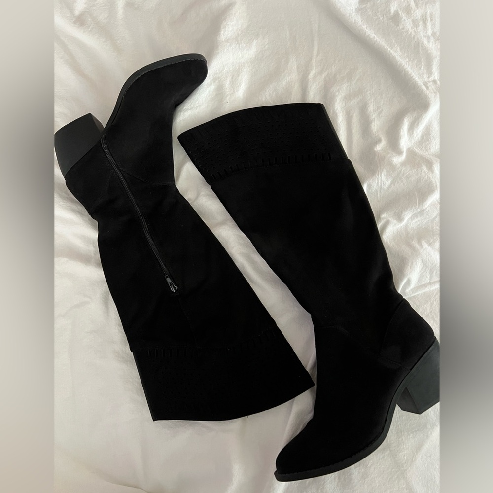 David Aaron Brenda Black Suede Knee High Perforated Cut Out